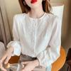 Women's Embroidered Blouse Round Neck with Lace Trim Puff Long Sleeves Button Down Casual Office Top