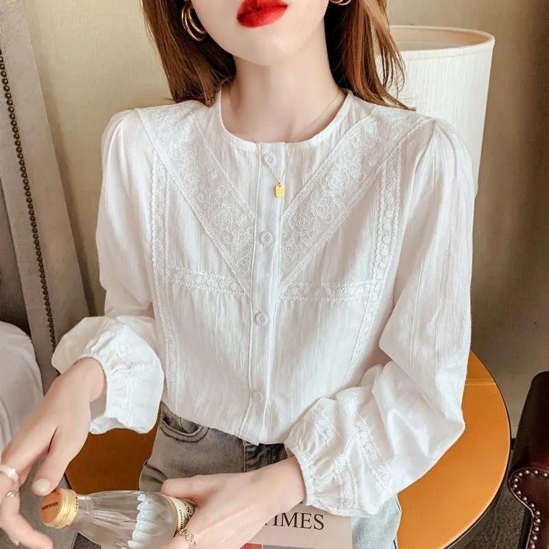 Women's Embroidered Blouse Round Neck with Lace Trim Puff Long Sleeves Button Down Casual Office Top