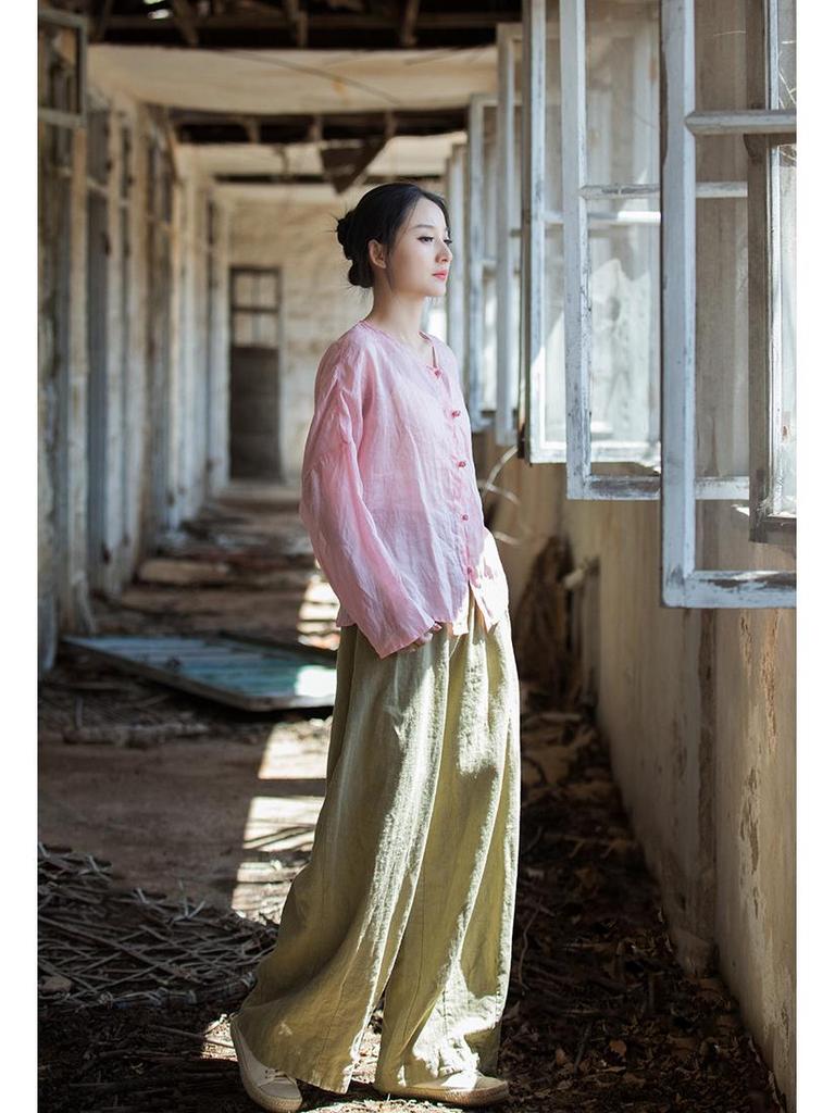 Ramie Cotton Women's Loose Casual Sand Wash Pants - Spring 25 Linen Straight Leg Long Pants 