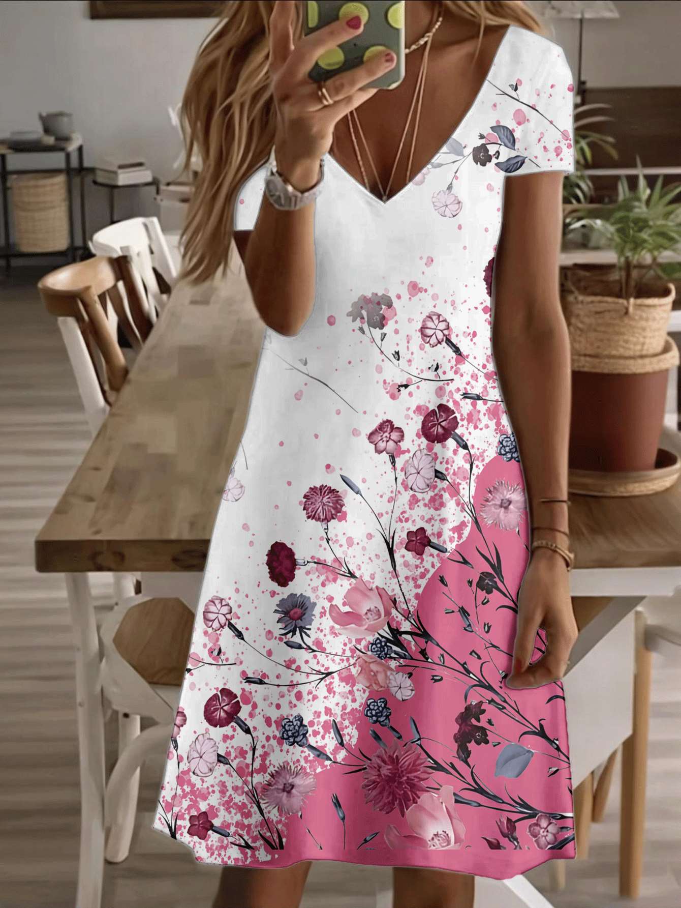 

Vneck shortsleeve midi dress floral blossom print artistic pink white 3D premium printing durable casual fashion women’s summer outfit elegant style 4XL дубильная кора