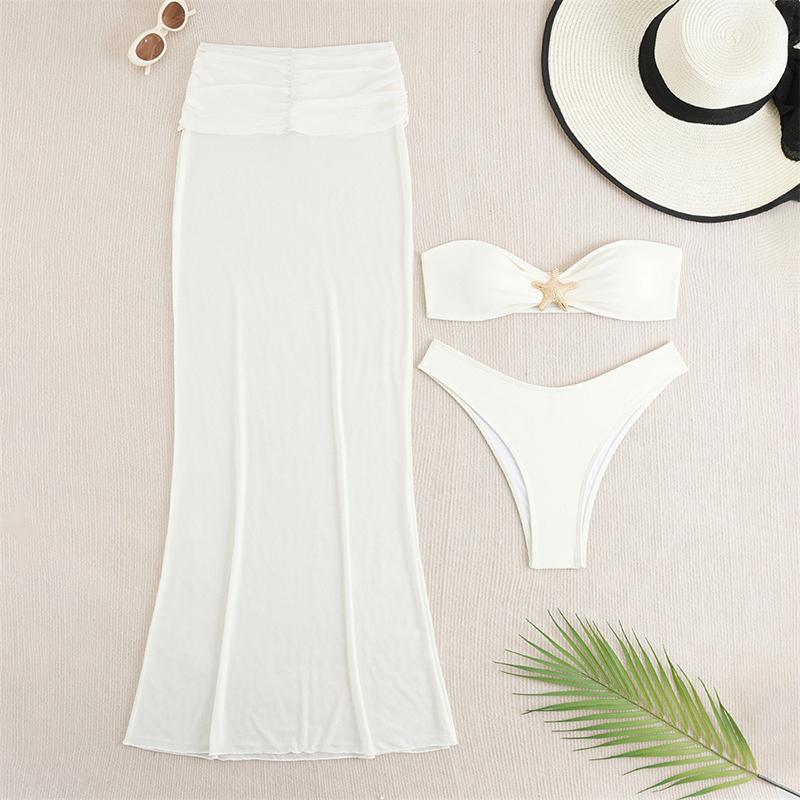 

Летние комплекты бикини из трех предметов: топ бикини без бретелей, прикрытия в виде юбки средней длины, пляжная одежда, женский купальник бикини L белый