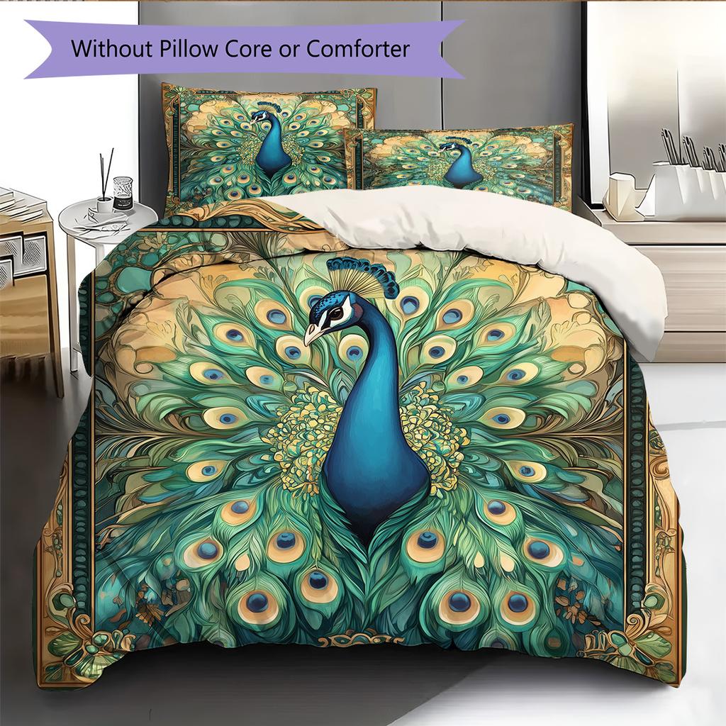 Peacock Displaying Its Tail Pattern Bedding Quilt Set Quilt Cover Pillowcase Home Decoration Gift (1 * Duvet Cover + 2 * Pillowcase, Without Core)