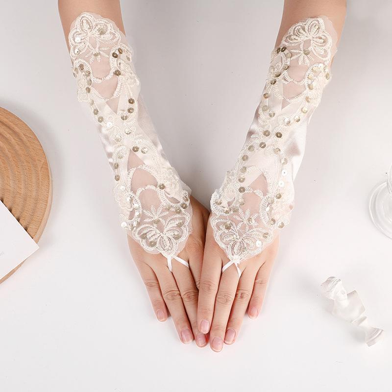 Satin Embroidery Hollow Out Beaded Gloves For Wedding Dresses Sequins Fingerless Wedding Accessories Elegant Bridal Gloves