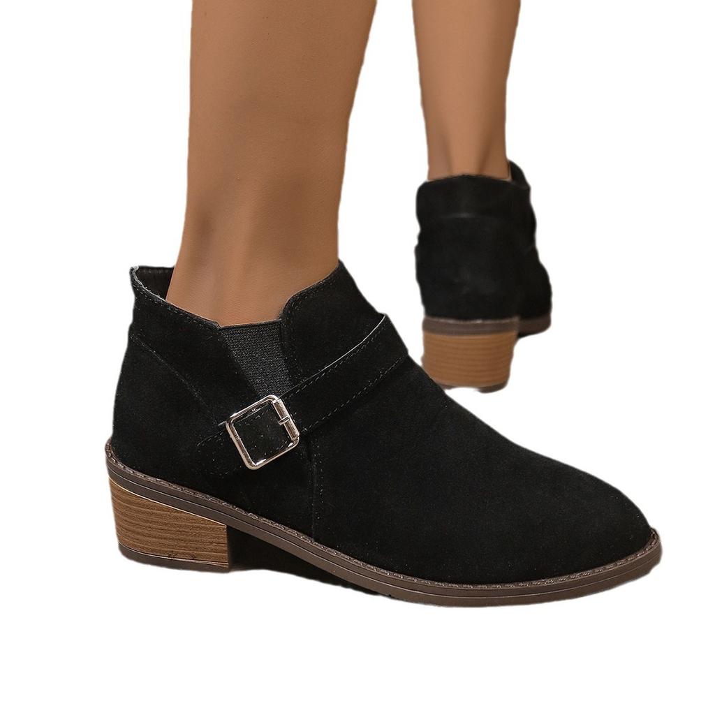 Women's Coarse Heel Short Boots Suede Pointed Belt Buckle Medium Heel Women's Boots