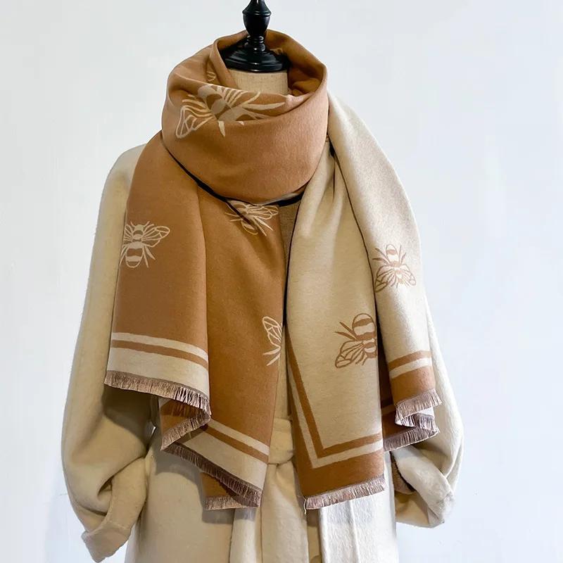 Two-Sided Bees Scarf Imitation Cashmere Soft Warm Fringe Pashmina Shawl Winter Coldproof Windproof Blanket Scarf