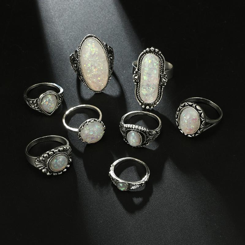 Vintage Rings, Silver Color, Coloured OPAL, Carved Stone, Bohemian Jewels for Women and Men