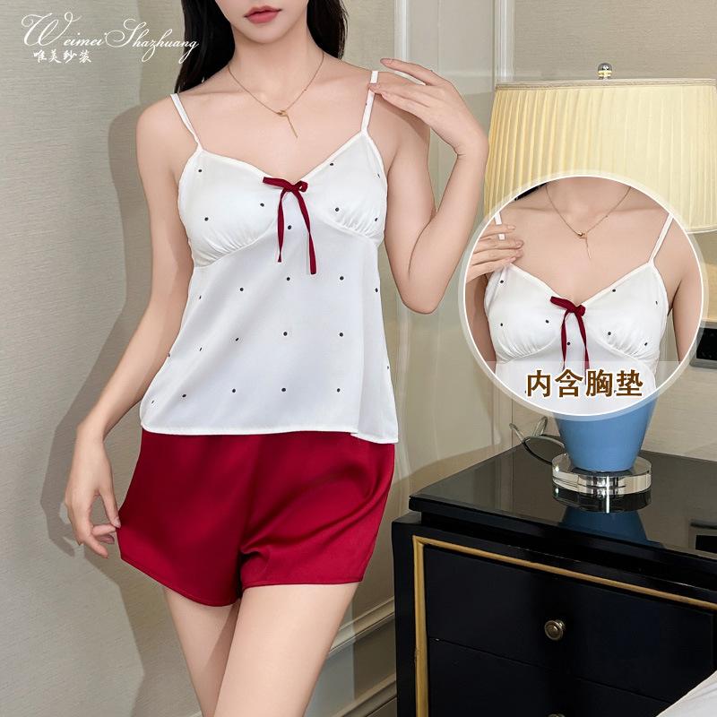 Beautiful yarn summer satin women's suit set with chest pad two-piece set polka dot suspender shorts