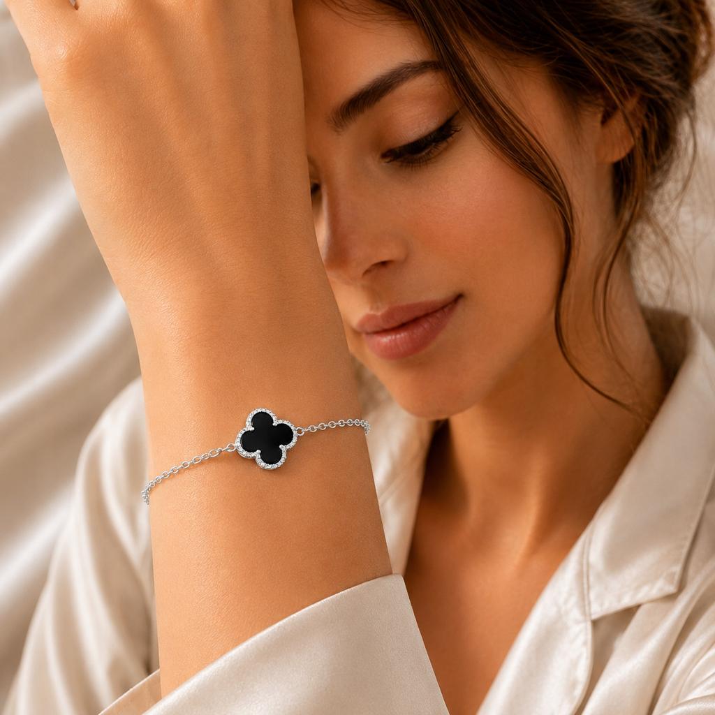 Women' Silver Bracelet 925 Silver Onyx Clover Italian Diamond