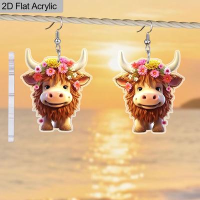 2D Flat Funny Cow Flower Earrings for Women - Unique & Quirky Funky Acrylic Dangle Earrings, Wacky & Crazy Earrings for Fun Lovers