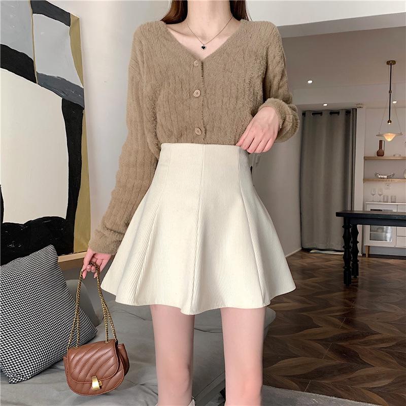 Korean Style High-Waisted Corduroy A-line Skirt - 2025 Slimming Autumn/Winter Petite Umbrella Skirt with Anti-exposure Design