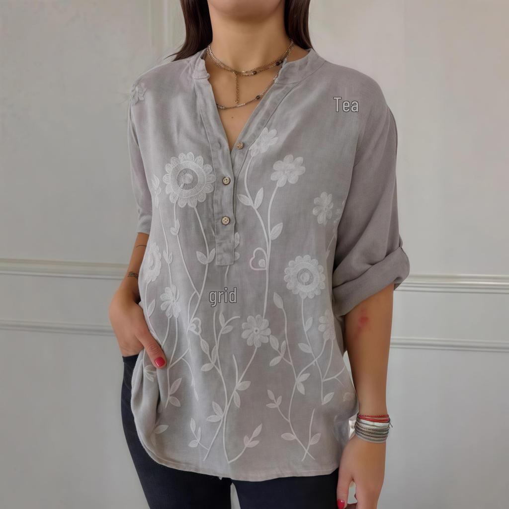 2025 Spring/Summer Women's Lace Embroidery V-Neck Button Shirt