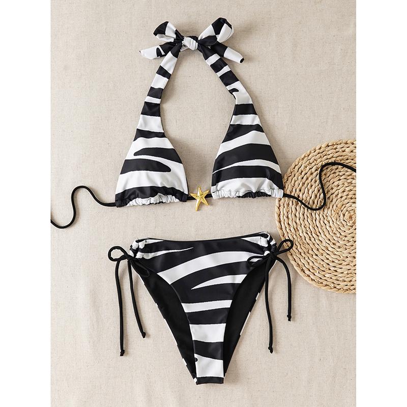 

Новый Сексуальный Полосатый Купальник Халтер с Металлической Декорацией в виде Морской Звезды и Завязками Сексуальный Комплект-Тройка Бикини S чёрный