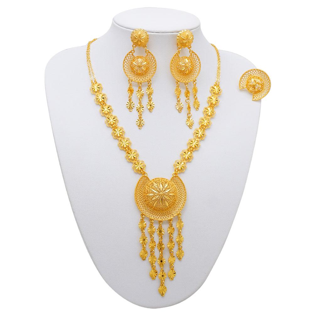 Dubai 24K Gold Plated Jewelry Set Butterfly Necklace Earrings Bracelet Ring Set Tassel Pendant