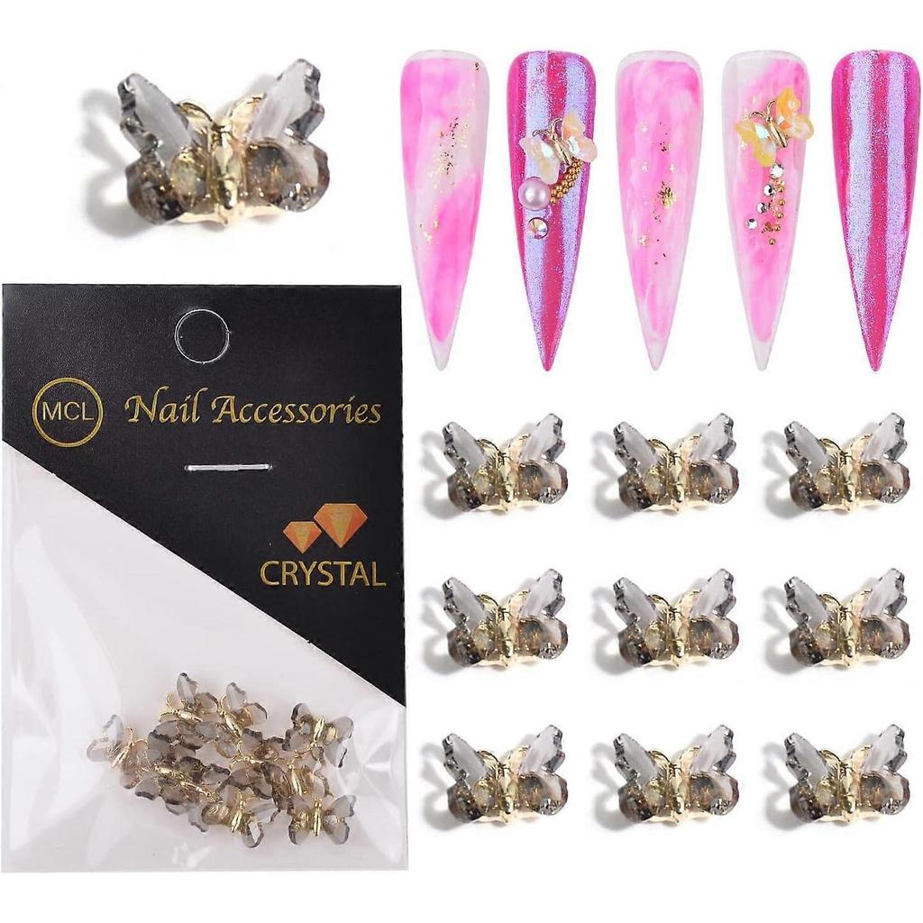 Transparent Gray Butterfly Nail Decoration 3D Manicure Butterfly Nails Rhinestone Diamond Glitter Summer Novel Design Acrylic Butterfly Nails 10 Piece