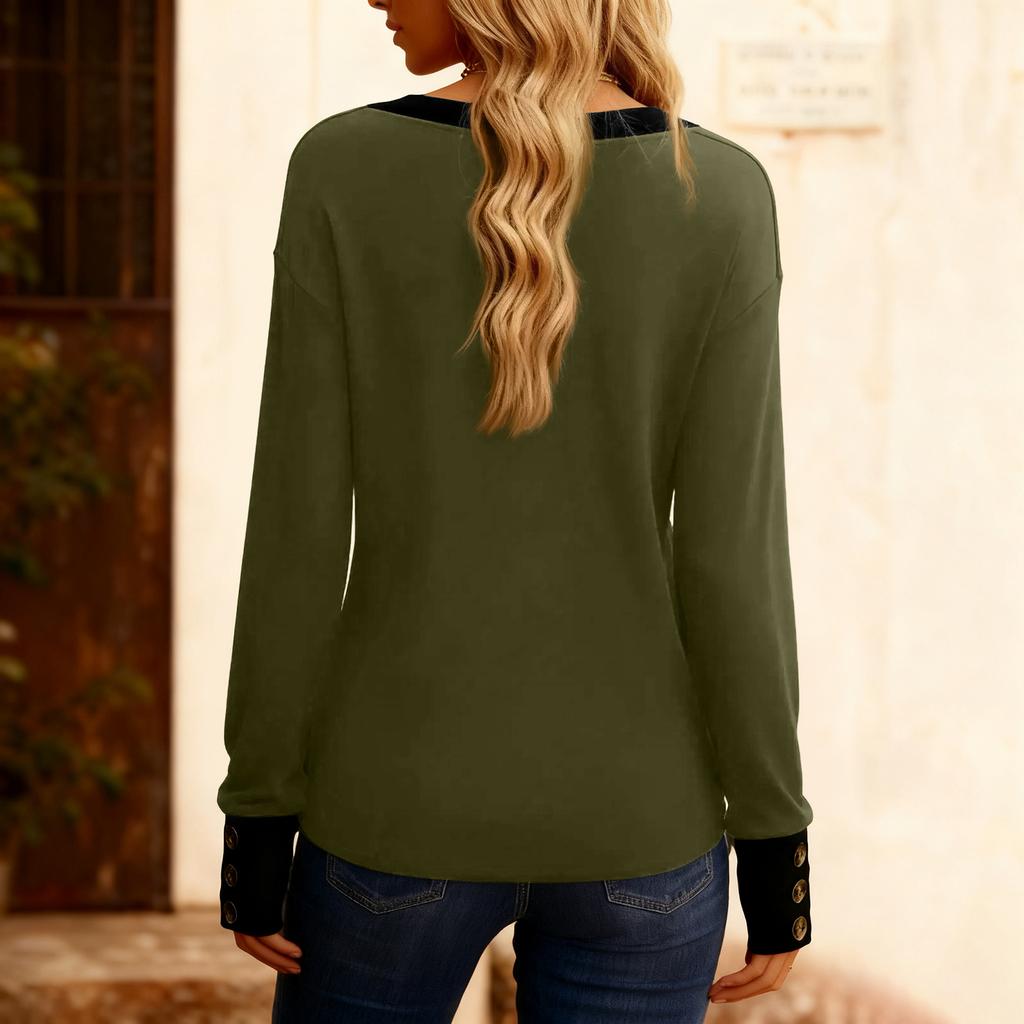 Women's Fashion Plus V-neck Button Up Long Sleeved Color Blocked Pullover T-shirt Top