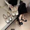 New square head single shoes women's thick heel one-word buckle light mouth bow small leather shoes niche