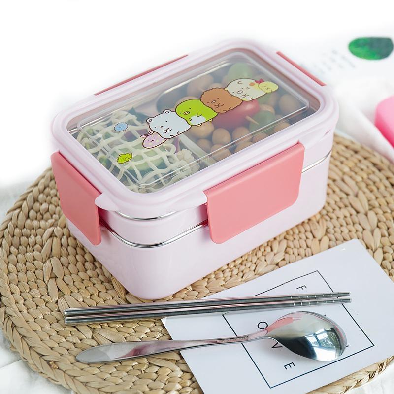S náhodným vzorem Kreslený obědový box Nerezový Dvouvrstvý Nádoba na jídlo Přenosný Dětský Piknik Školní Bento