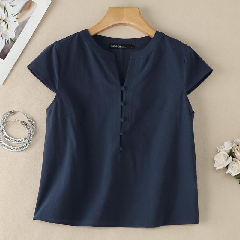 ZANZEA Women Casual V-Neck Solid Color Short Sleeve Cotton Blouse