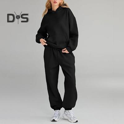 2 Pcs/Set Women Sport Top Pants Set Hooded Long Sleeve Pure Color Hoodie Stretchy Waist Loose Ankle-banded Trousers Casual Fitness Tracksuit Daily
