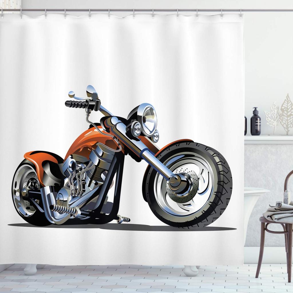 Motorcycle Shower Curtain Horsepower Adventurous Journey Freedom Ride Masculine Vehicle Bathroom Curtains Decor Set With Hooks