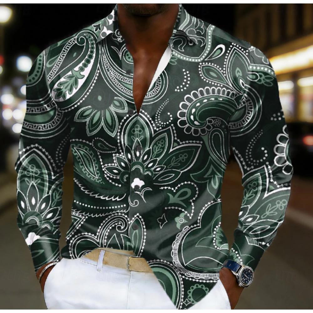 Men's Vintage Pattern Printed Long Sleeve Shirts Casual Cardigan New Button Holiday Fashion Shirts