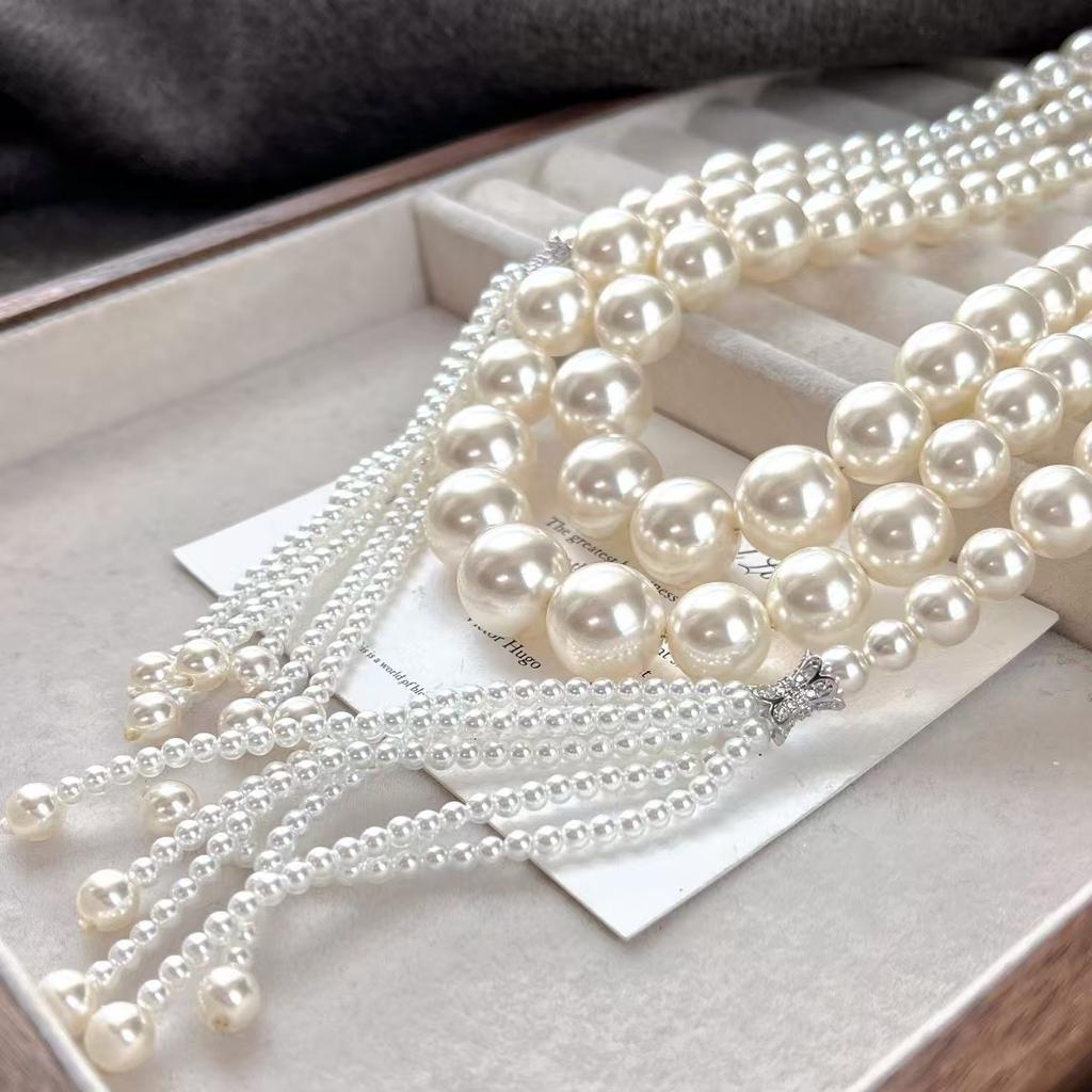 Vintage High-Quality Strong Light Artificial Crystal Pearl Tassel Various Wearing Methods Sweater Chain Necklace