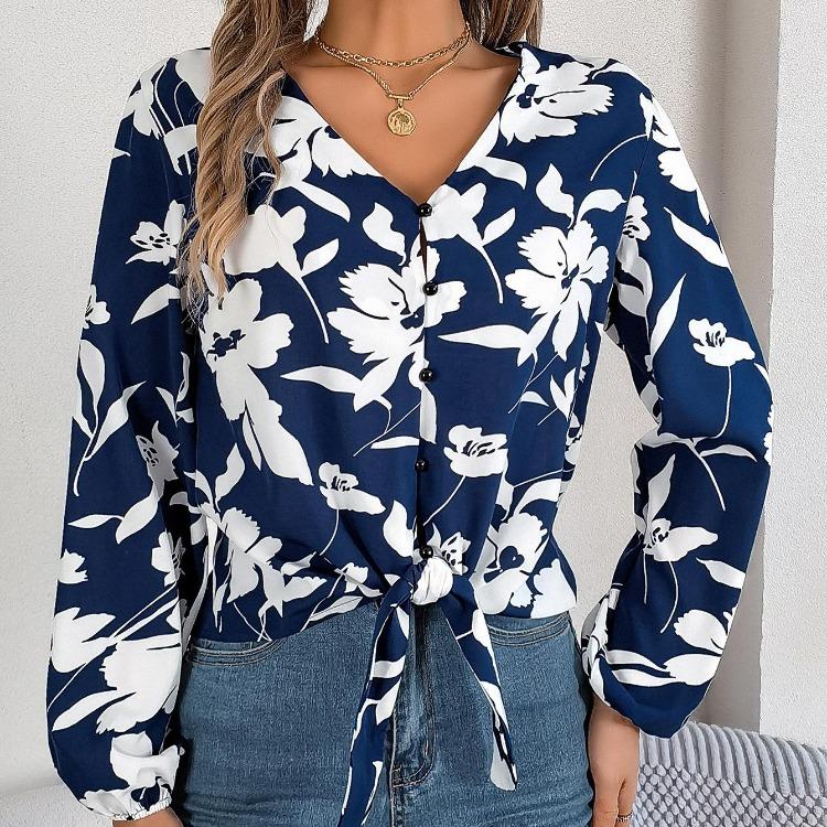 Women V-Neck Long Sleeve Blouse Stylish Print Shirt for Spring Autumn Season