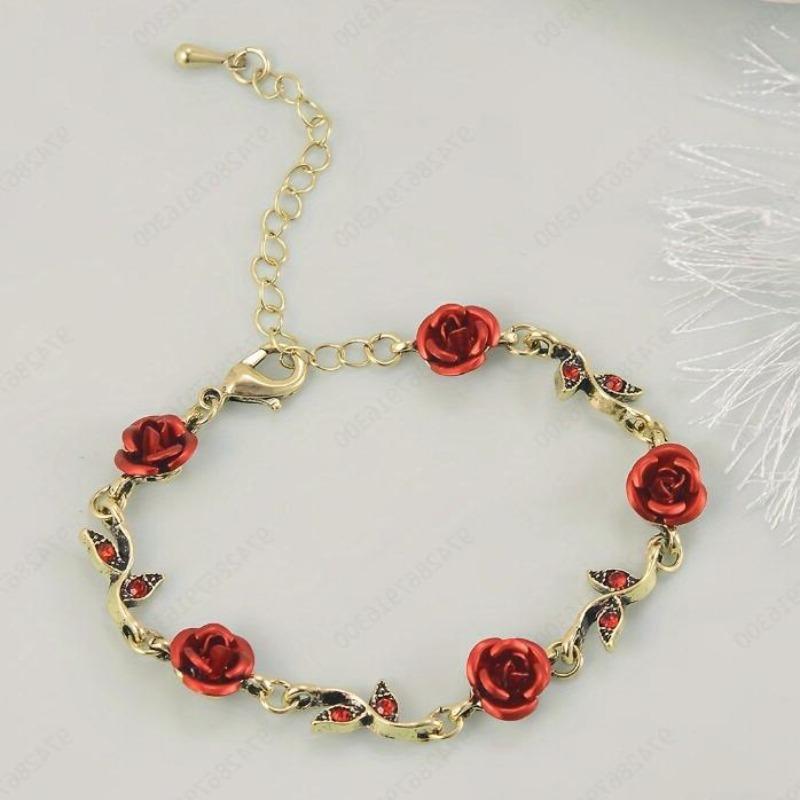 Fashion New Vintage French Zirconia Elegant Rose Bracelet for Women Personality Temperament Alloy Material Red Rose Bracelets