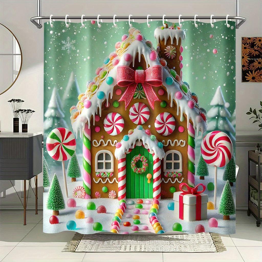 

Whimsical Gingerbread House Shower Curtain - Candy Cane, Lollipops & Holiday Art, Festive Bathroom Decor W60H190(CM)-1 Pcs