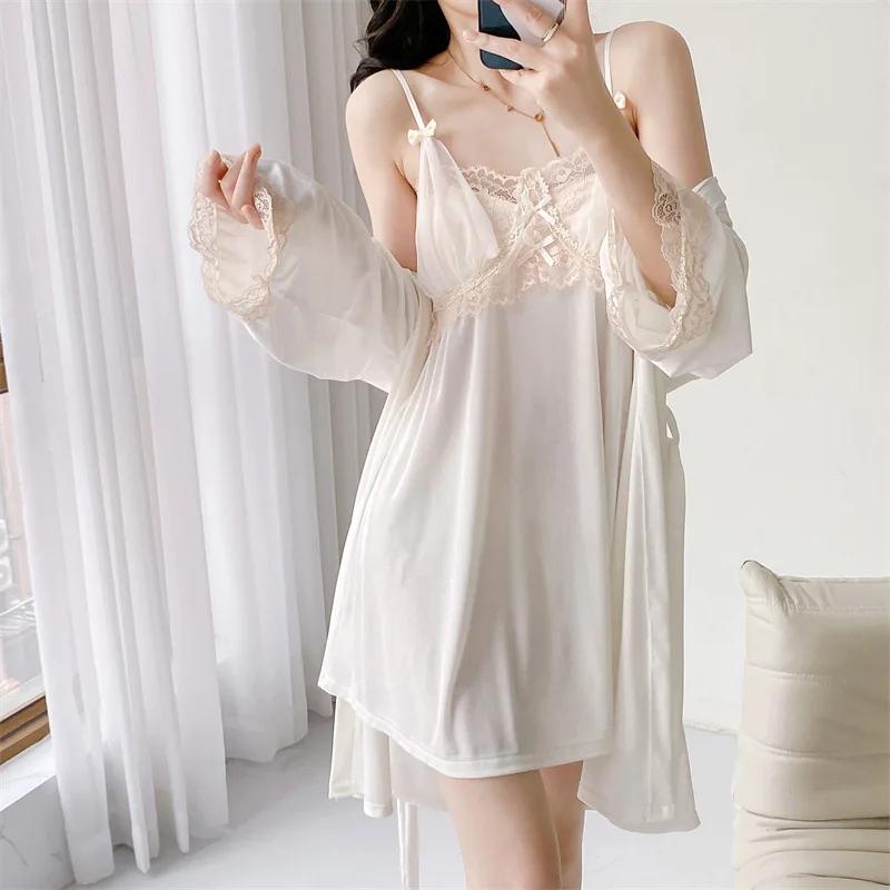 Jesienna Damska Bielizna Nocna Aksamitny 2-częściowy Zestaw Szlafroków Seksowna Czarna Koszulka Nocna na Ramiączkach Lounge Wear Lingerie Koronkowa Koszula Nocna Odzież Domowa