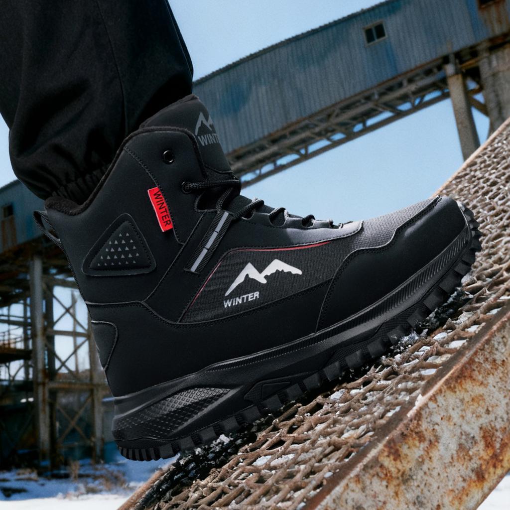 Men's Large Size Soft Sole Heightening Warm Fur a System with Winter Non-slip Hiking Snow Boots Plush Lined Outdoor Sports Cotton Boots