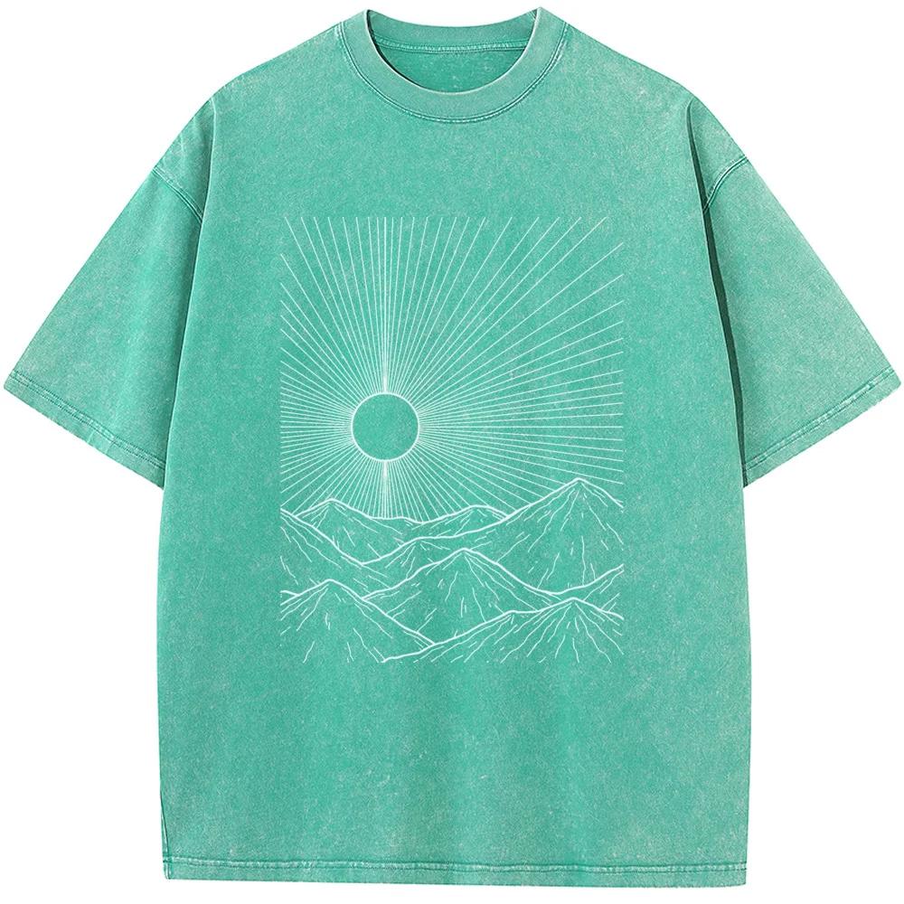 Outdoor Linear Peak Print Unisex Washed T-Shirt Cotton Summer Bleached Tshirt Funny Casual Loose Bleach Tee