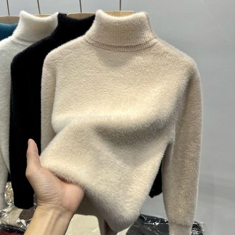 Women's Turtleneck Sweater Faux Mink Women Solid Plush Thickened Warm Bottoming Shirts Basic Knitwear Thermal Pullovers