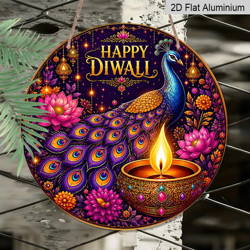 2D Flat, 1pc Round Aluminum Wall Hanging Ornament, Happy Diwali Colorful Peacock Gemstone Diya Lotus Marigold Printed Plaque, Wealth Fortune Blessing