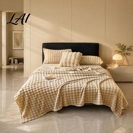 High Density Flannel Throw Soft Plush Blanket 3D Bubble Rabbit Fur Texture Thickened Thermal Comfortable Couch Throw Double-Sided Milk Velvet
