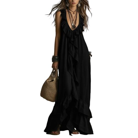 

Women Bohemian Long Dress Summer Ruffle Deep V Neck Sleeveless Swing Dress Solid Color Loose Casual Beach Vacation Maxi Dress XL чёрный