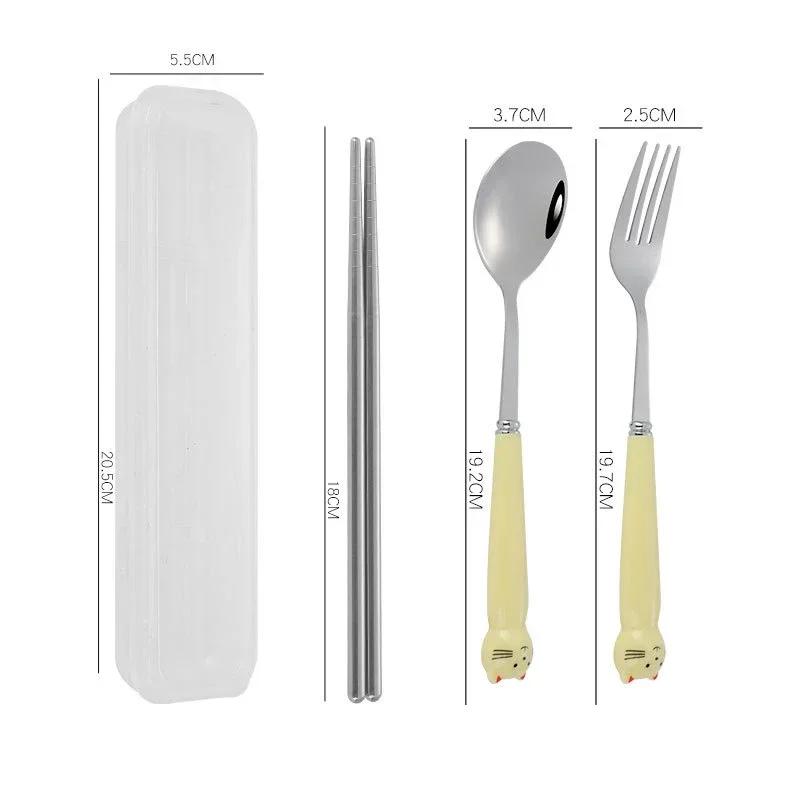 Cute Cartoon Travel Tableware with Case Portable Utensils Cutlery Set Reusable Flatware Silverware Include Fork Spoon with Case