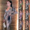 Fashion Womens Loose Personality Print Long Sleeve V-neck Dress Casual Dress
