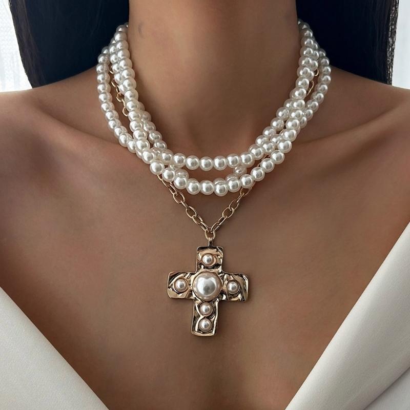 Pearls Crosses Necklace for Women Elegant Gold Layer Choker with Statement Pendant and Buckles Chain Adjustable