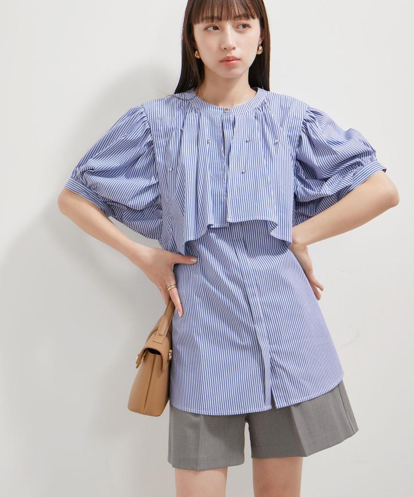 Washable Rhinestone Shirt Tunic Sax [BIS] Blouse, Women's, (48)