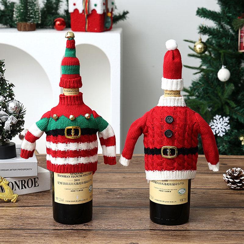 1Set Knitted Clothing Sweet Bottle Decoration Ambience Decoration Acrylic Christmas Red Striped Pattern Champagne Protector