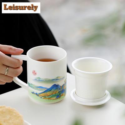 350ML Landscape White Porcelain Office Cup With Lid Filter Personal Water Jug Tea Maker Tool Mug With Handle Hand Carried Gift