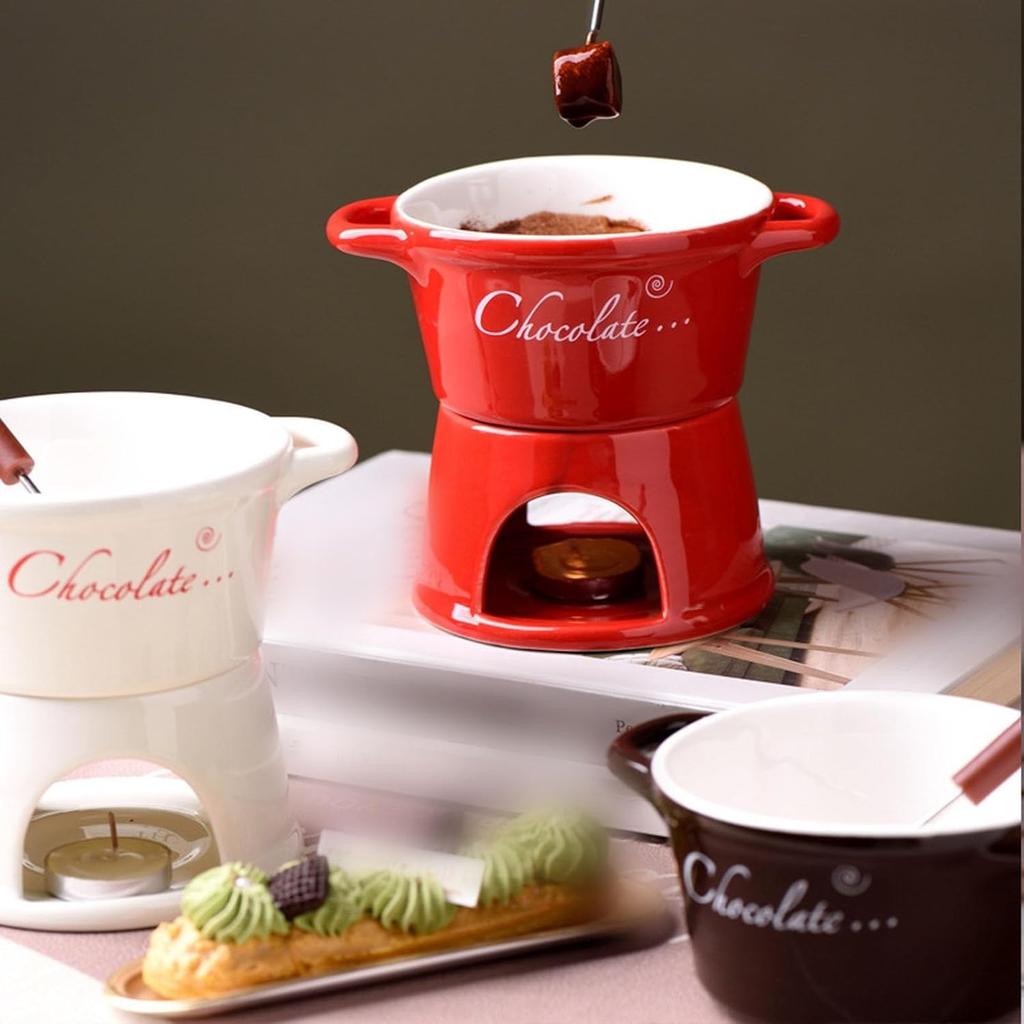 Chocolate Fondue Mug, Chocolate Melting Cup Tea Light with Forks and Candle, Butter Warmers Pot Set, Cheese Melting Cup, Warmer Mug