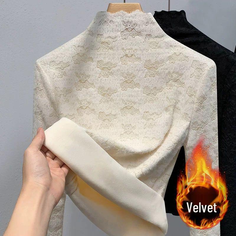 Dámská flanelová košile s vysokým límcem a krajkou - Stylová teplá základní vrstva pro podzim/zimu