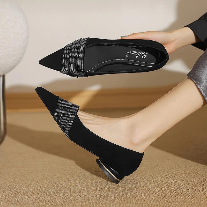 Fashion 2025 New Pointed Toe Shallow Mouth Square Heel Small Suede Shoes Women's Elegant Fashion High Heels Dress Shoes Zapatos Mujer