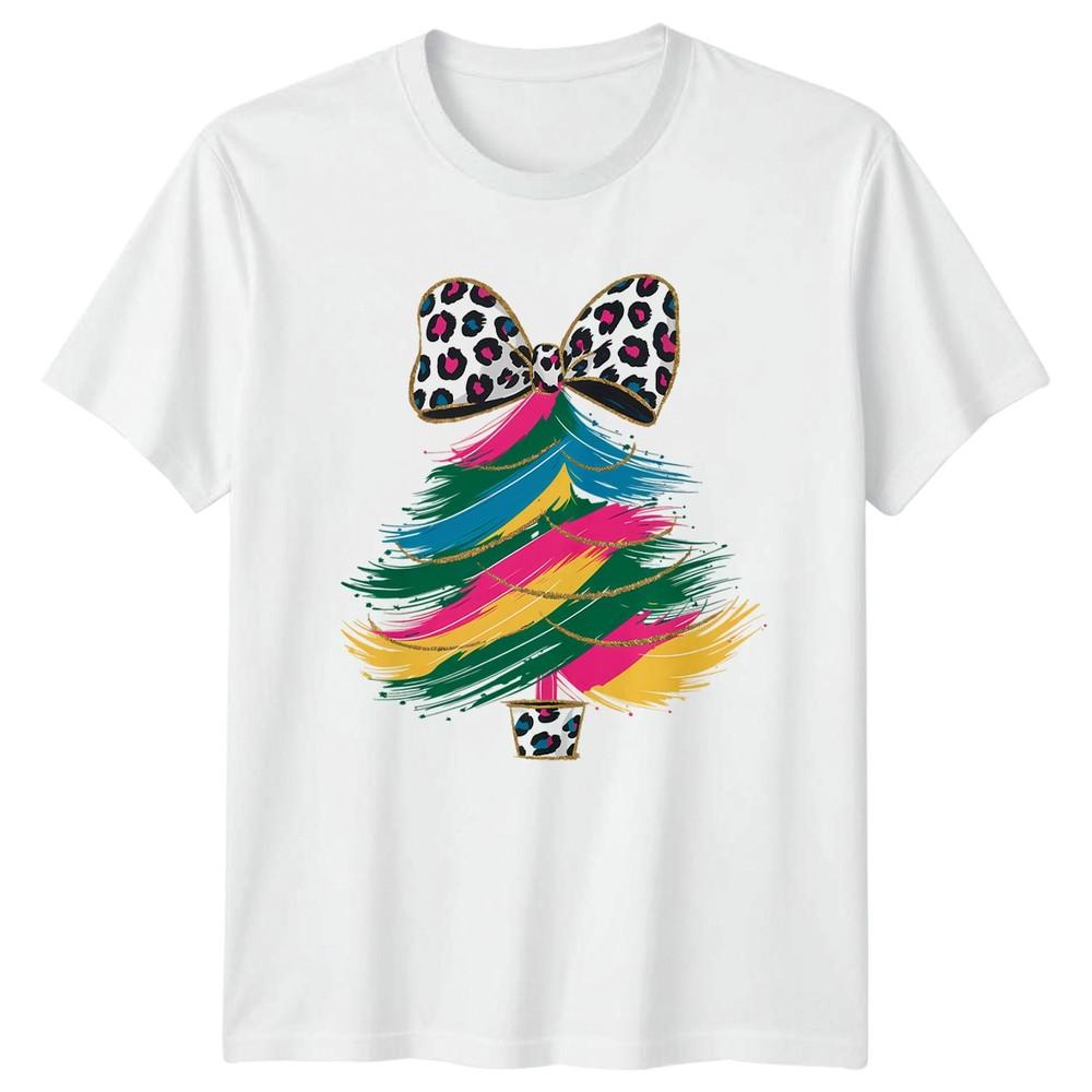 Colorful Christmas Tree Leopard Print Bow Holidays Unisexs Unisexs Graphic Tee S