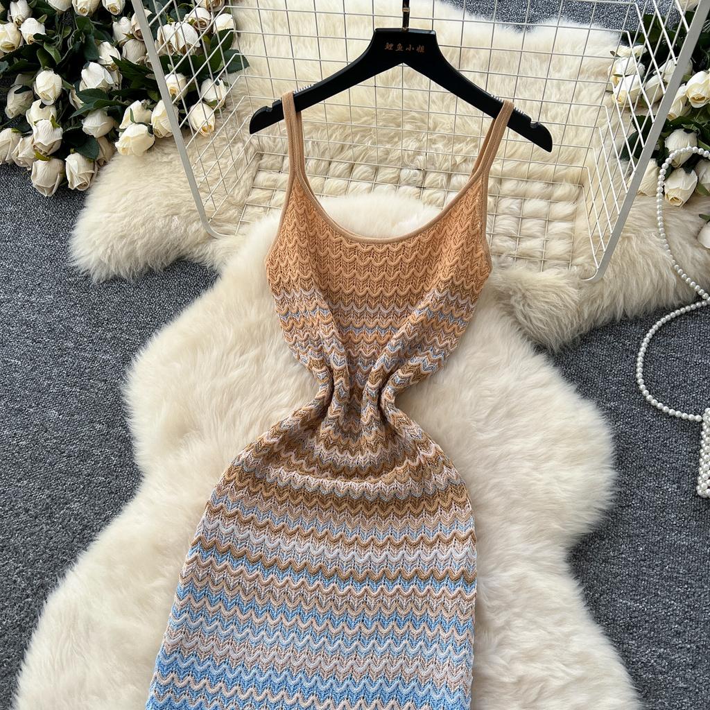 Sweet Spaghetti Strap Knit Dress 2026 Summer Beach Resort Style Trendy Gradient Color Dress