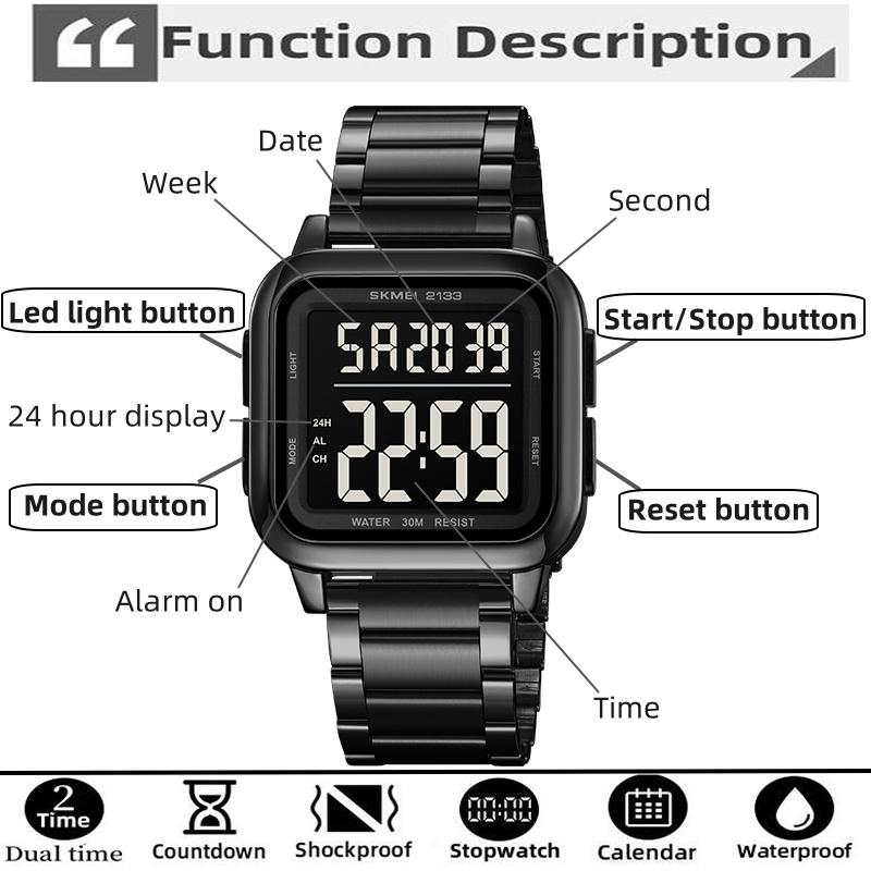 Skmei Digital Watches for Mens 30m Waterproof Back Light LED Chronograph Luxury Stainless Band Strap Date Week Display Dual Time