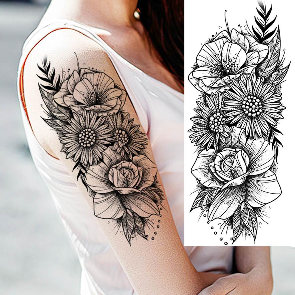 1 Sheet Black Flower Temporary Tattoos For Women Girls Realistic Fake Flora Floral Peony Tattoo Sticker Body Art Painting Decal