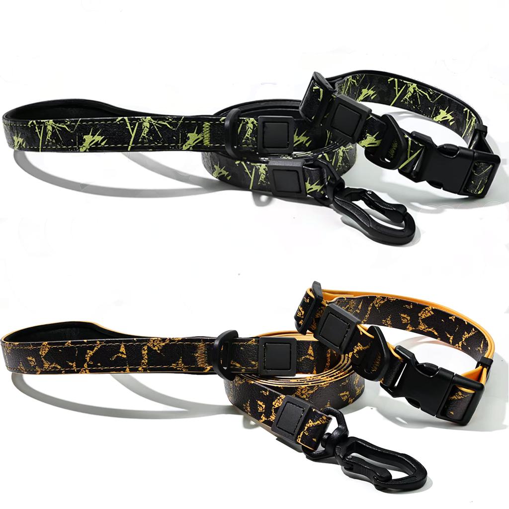 Waterproof PVC Dog Collar and Leash Set Adjustable Printed Pet Collar with Quick Release Buckle for Small Medium Large Dogs